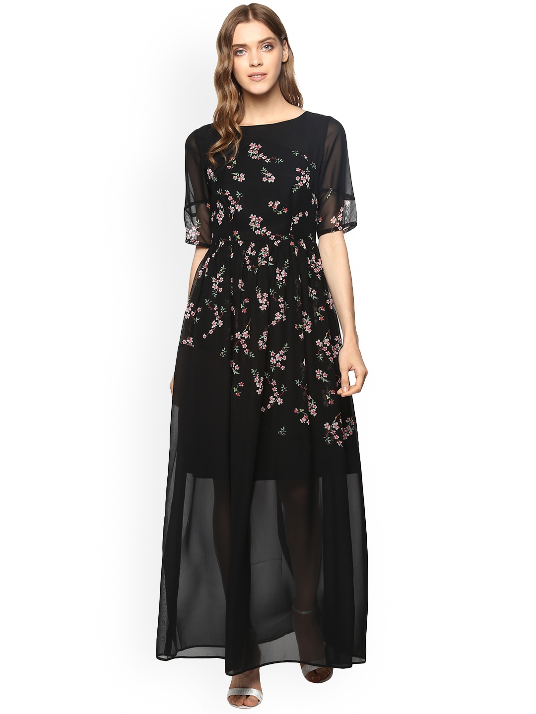 

ROVING MODE Women Black Printed Maxi Dress