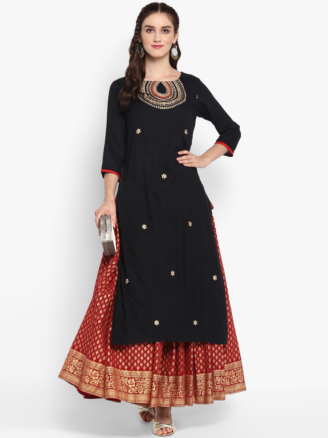 

Varanga Women Black & Red Embroidered Kurta with Skirt