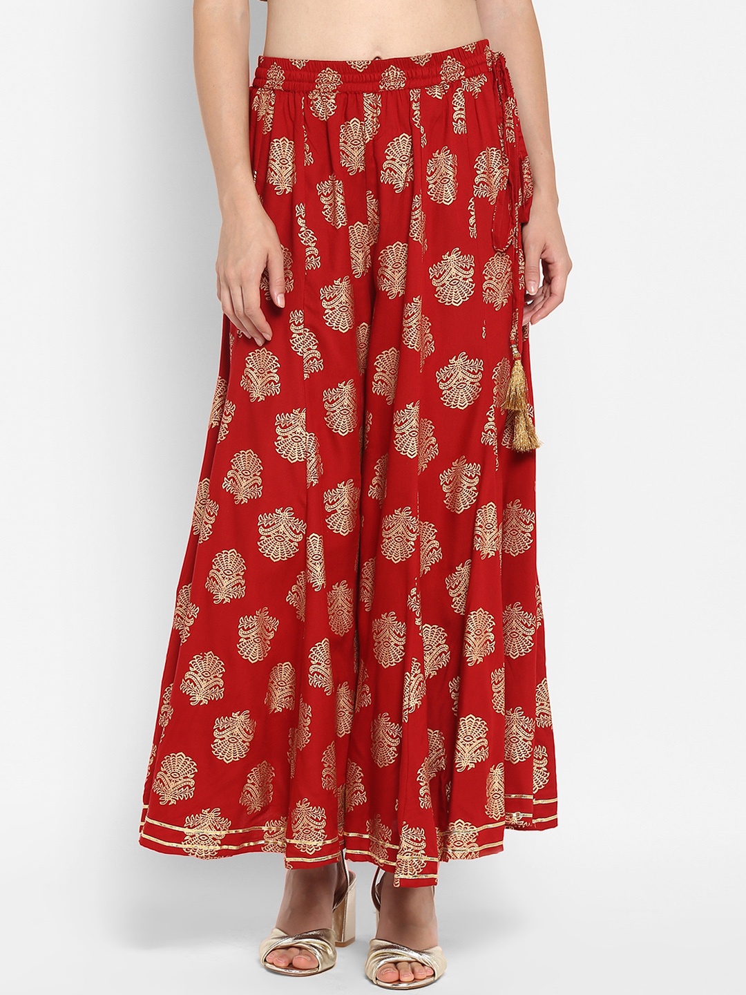 

Varanga Women Maroon & Gold-Toned Printed Flared Palazzos