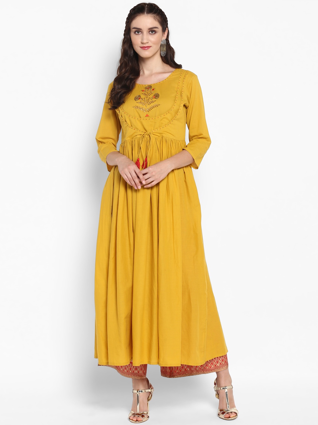 

Varanga Women Mustard Yellow & Peach-Coloured Solid Kurta with Palazzos