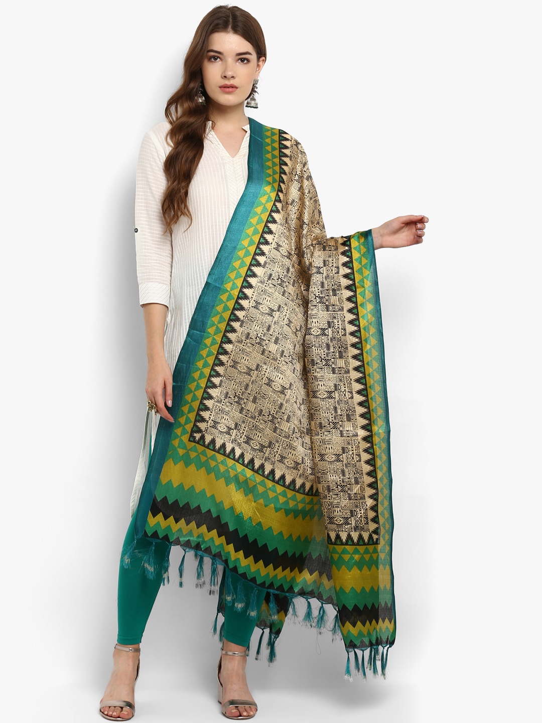 

Saree mall Cream-Coloured & Green Printed Dupatta