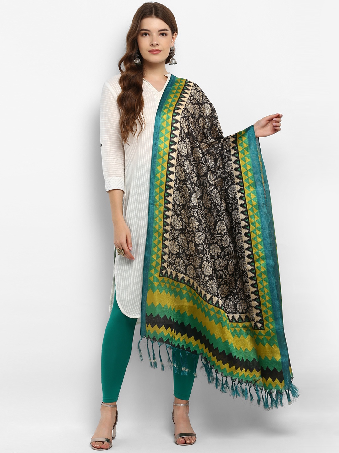 

Saree mall Black & Green Woven Design Dupatta
