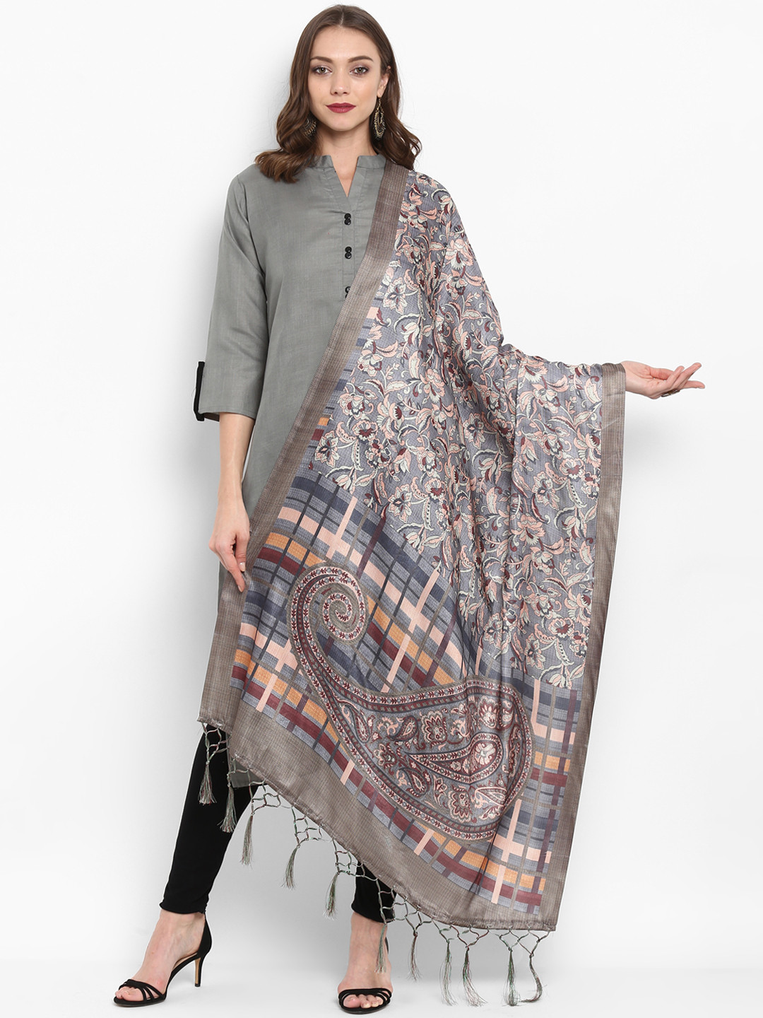 

Saree mall Grey & Off-White Woven Design Dupatta