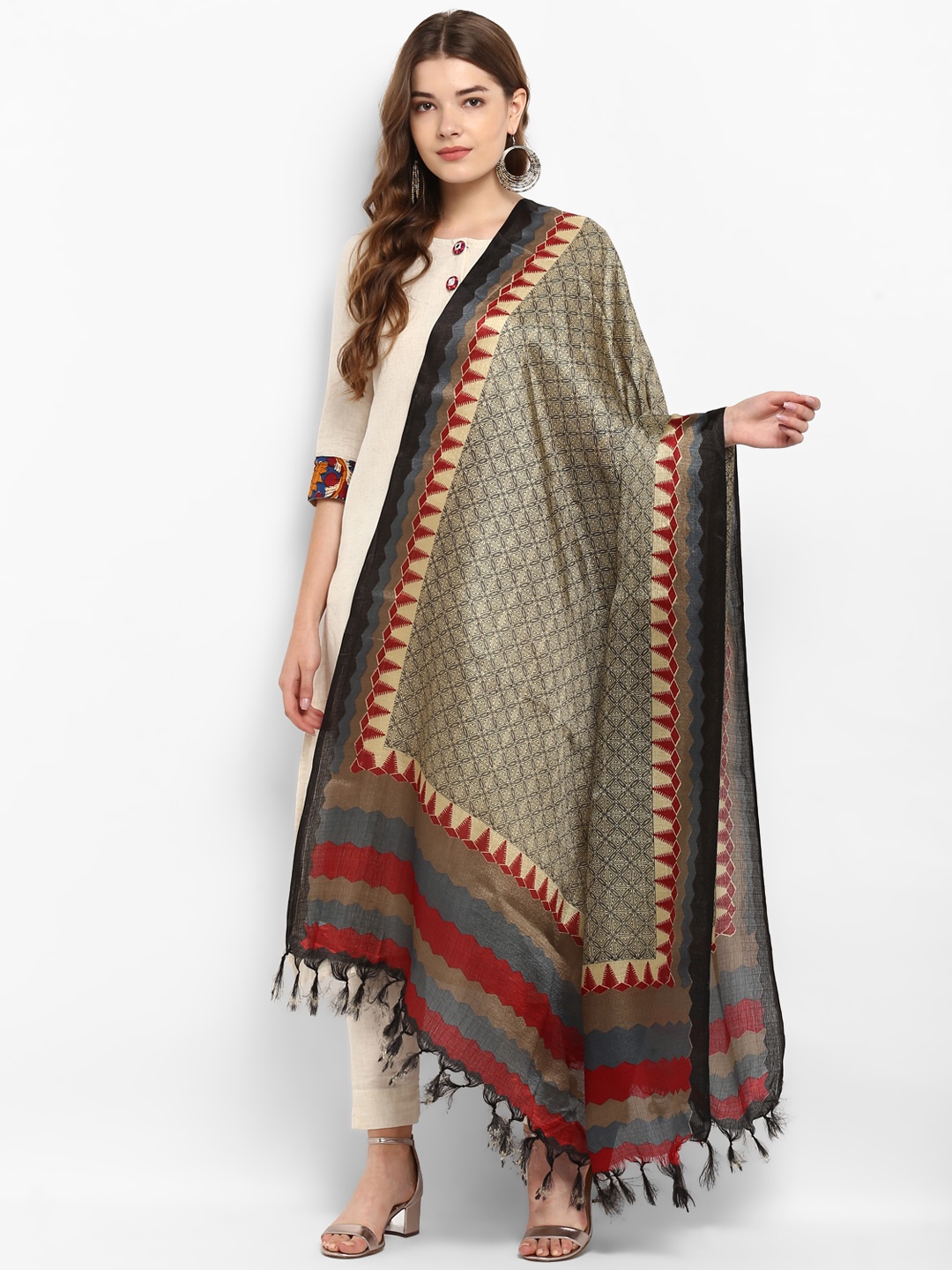 

Saree mall Grey & Red Printed Dupatta