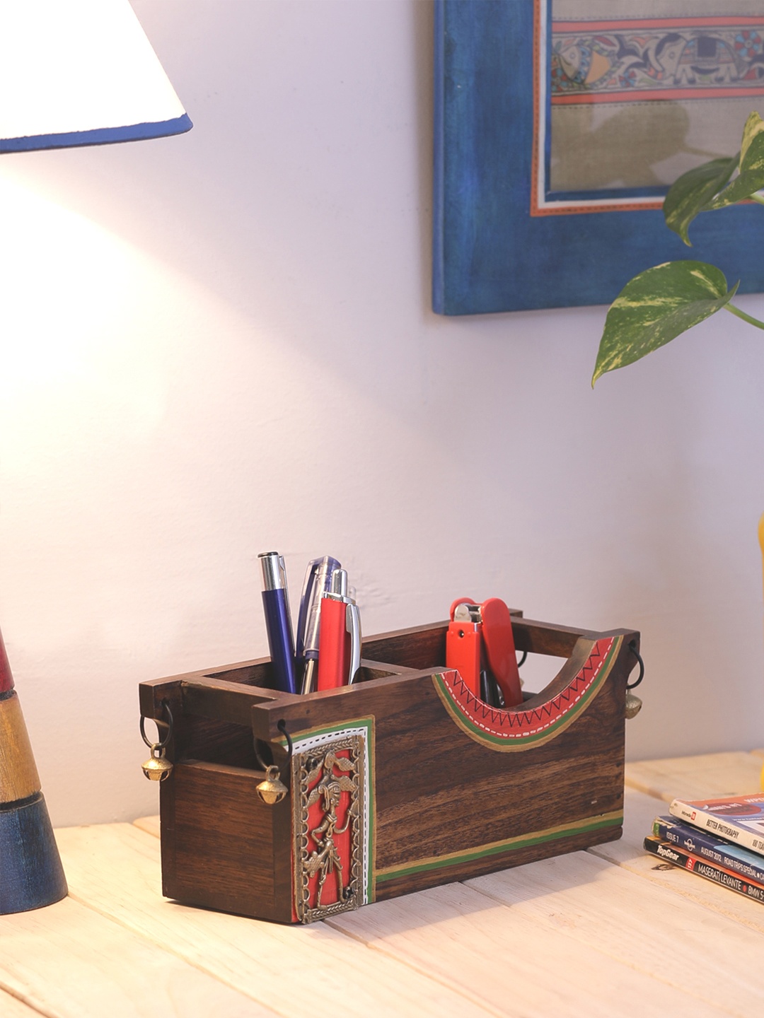 

VarEesha Brown & Red Sheesham Wood Dhokra Work Desk Organiser