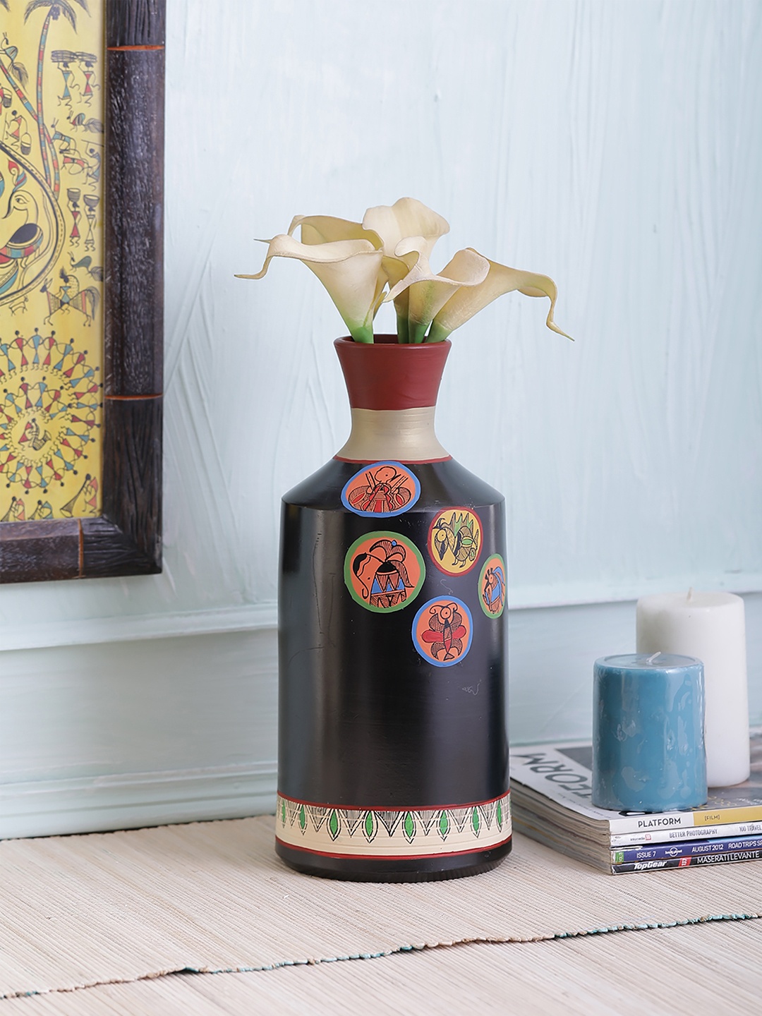 

VarEesha Madhubani Work Terracotta Hand-Painted Black Vase