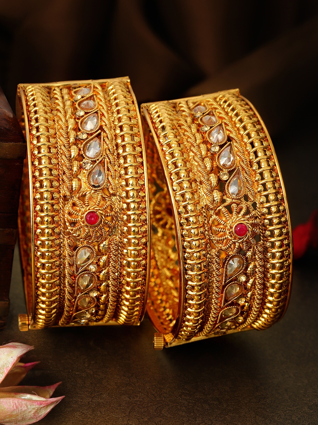 

Rubans Set of 2 Gold-Plated CZ-Studded Handcrafted Bangles