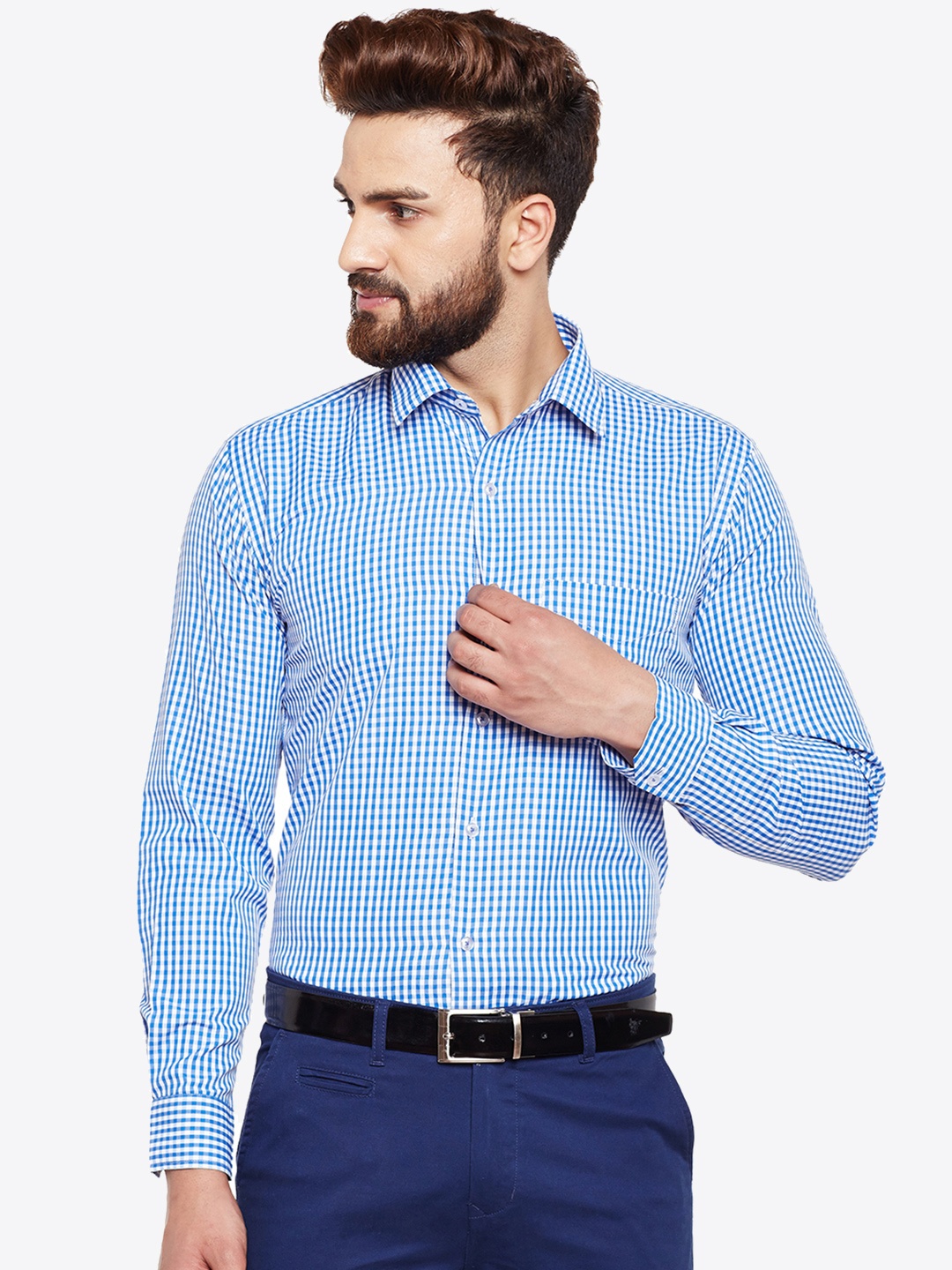 

Hancock Men Blue & White Slim Fit Checked Formal Shirt