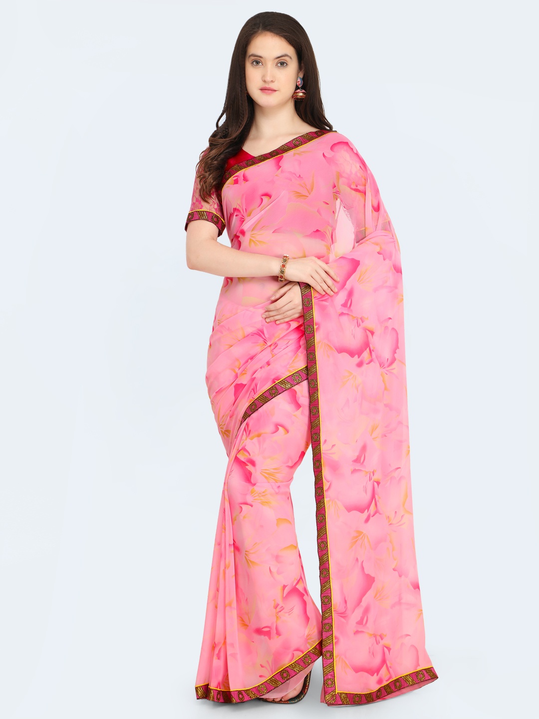

Shaily Pink Printed Pure Georgette Saree