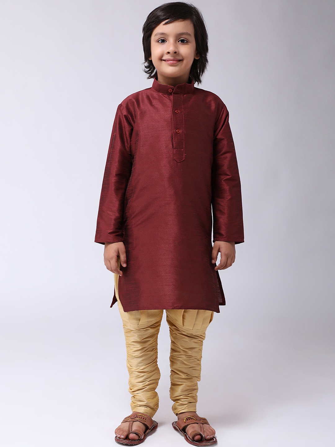 

SOJANYA Boys Maroon & Gold-Toned Solid Kurta with Churidar