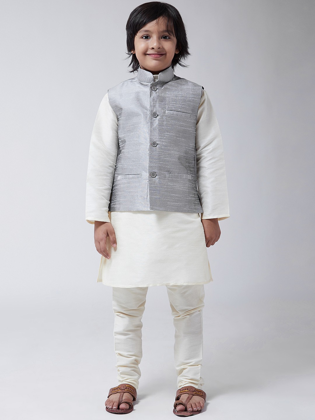 

SOJANYA Boys Cream-Coloured & Grey Solid Kurta with Churidar