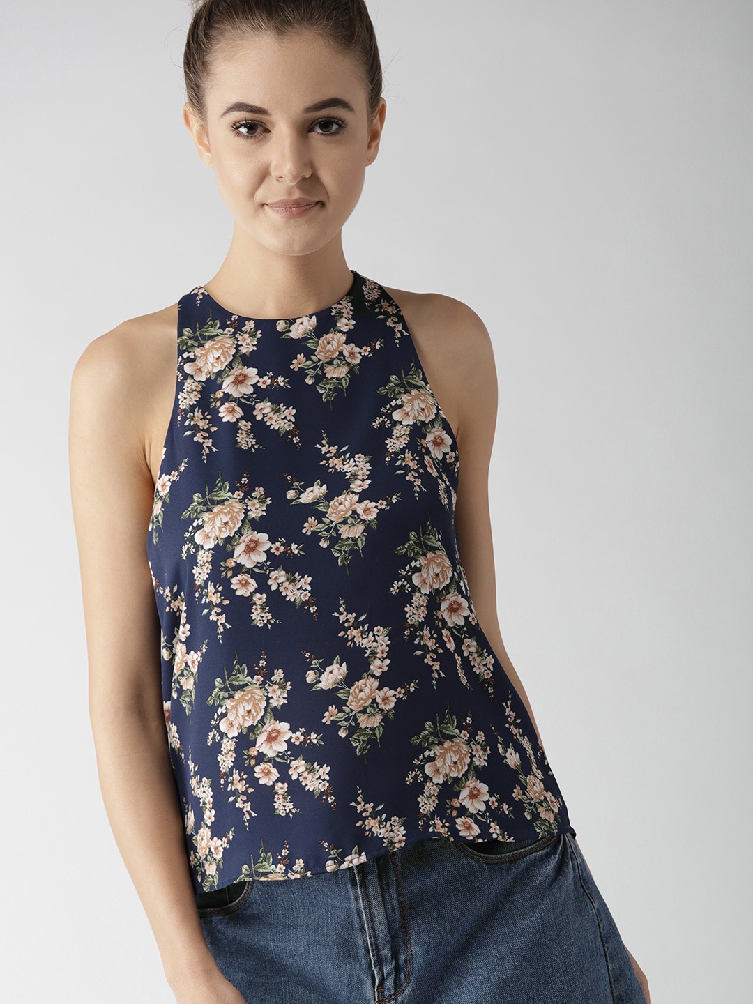 

FOREVER 21 Women Navy Blue Printed A-Line Top