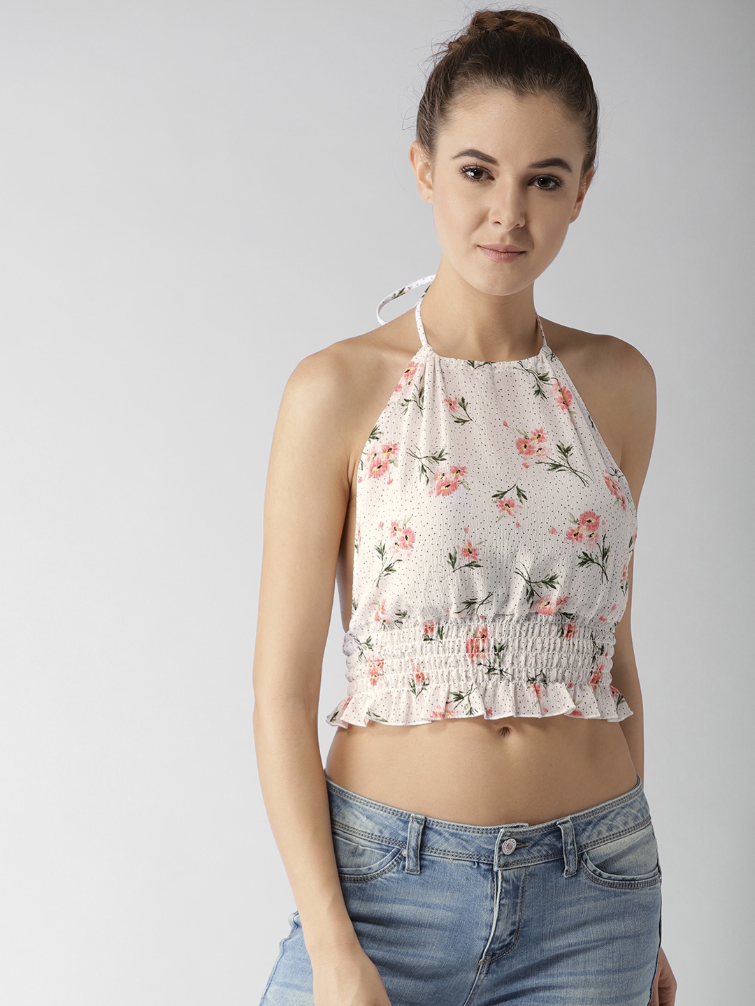 

FOREVER 21 Women White Printed Styled Back Crop Top