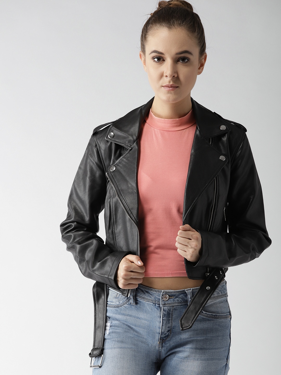 

FOREVER 21 Women Black Solid Cropped Biker Jacket