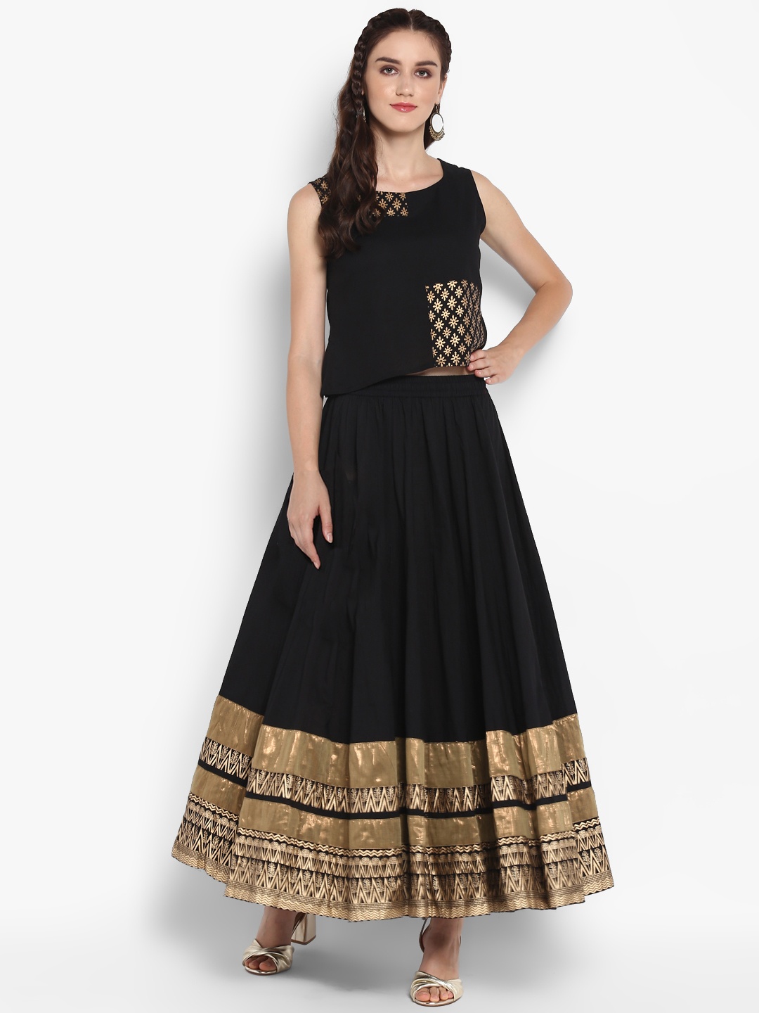 

Varanga Women Black & Gold-Toned Printed Top with Skirt