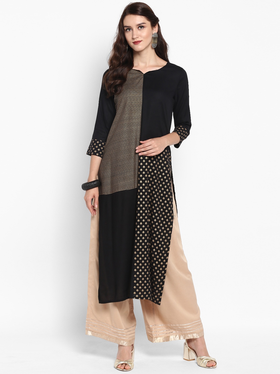 

Varanga Women Black & Beige Striped Kurta with Palazzos