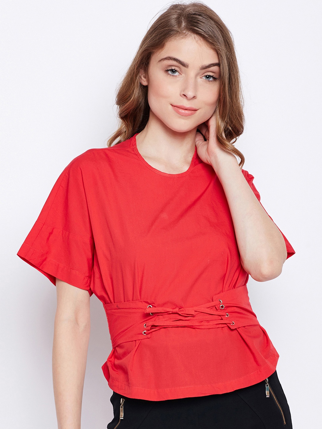 

Oxolloxo Women Red Solid Pure Cotton Top