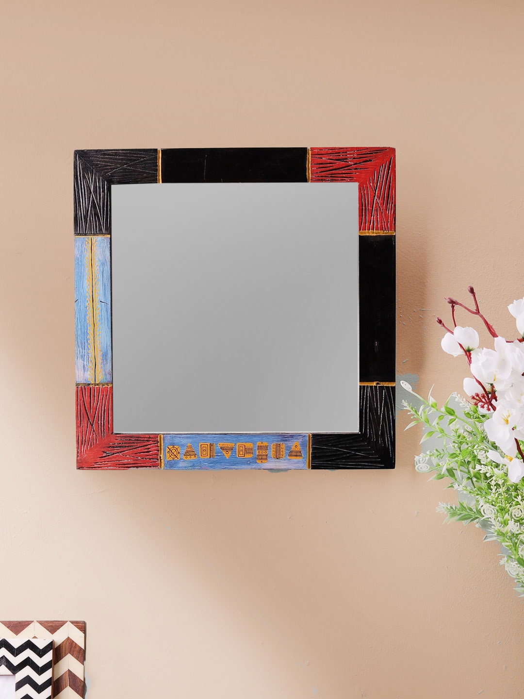 

VarEesha Brown Engraved Mango Wood Square Mirror, Multi