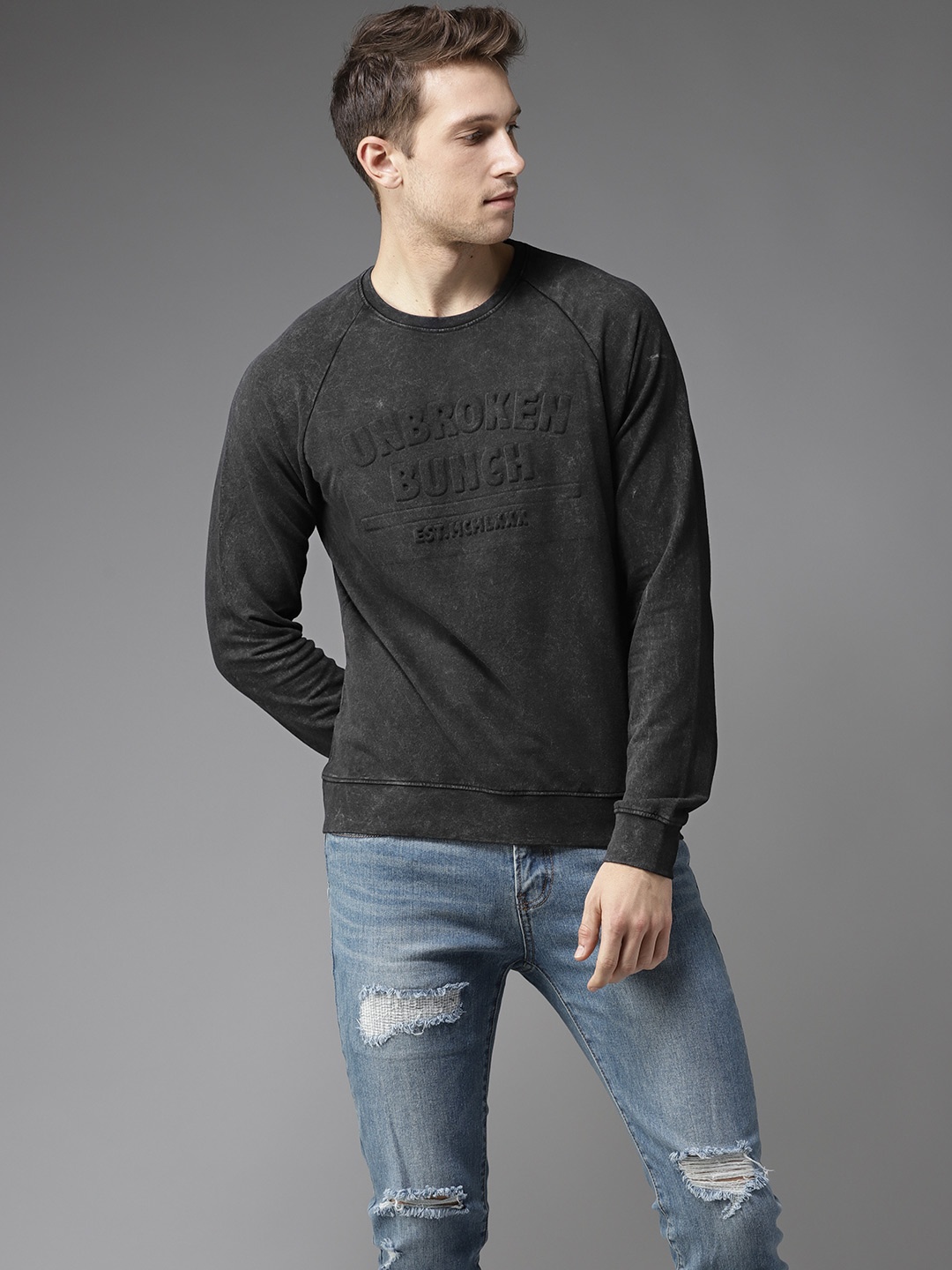 

Flying Machine Men Charcoal Grey Embossed Print Sweatshirt