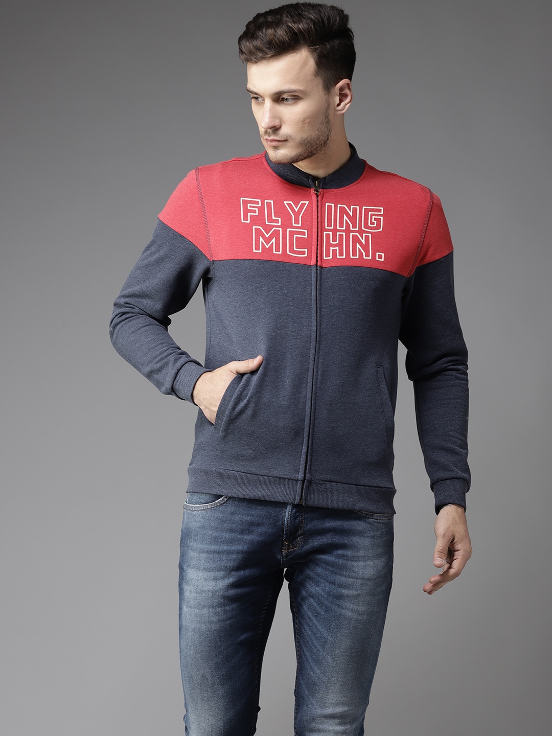 

Flying Machine Men Charcoal Grey & Coral Red Colourblocked Sweatshirt, Navy blue