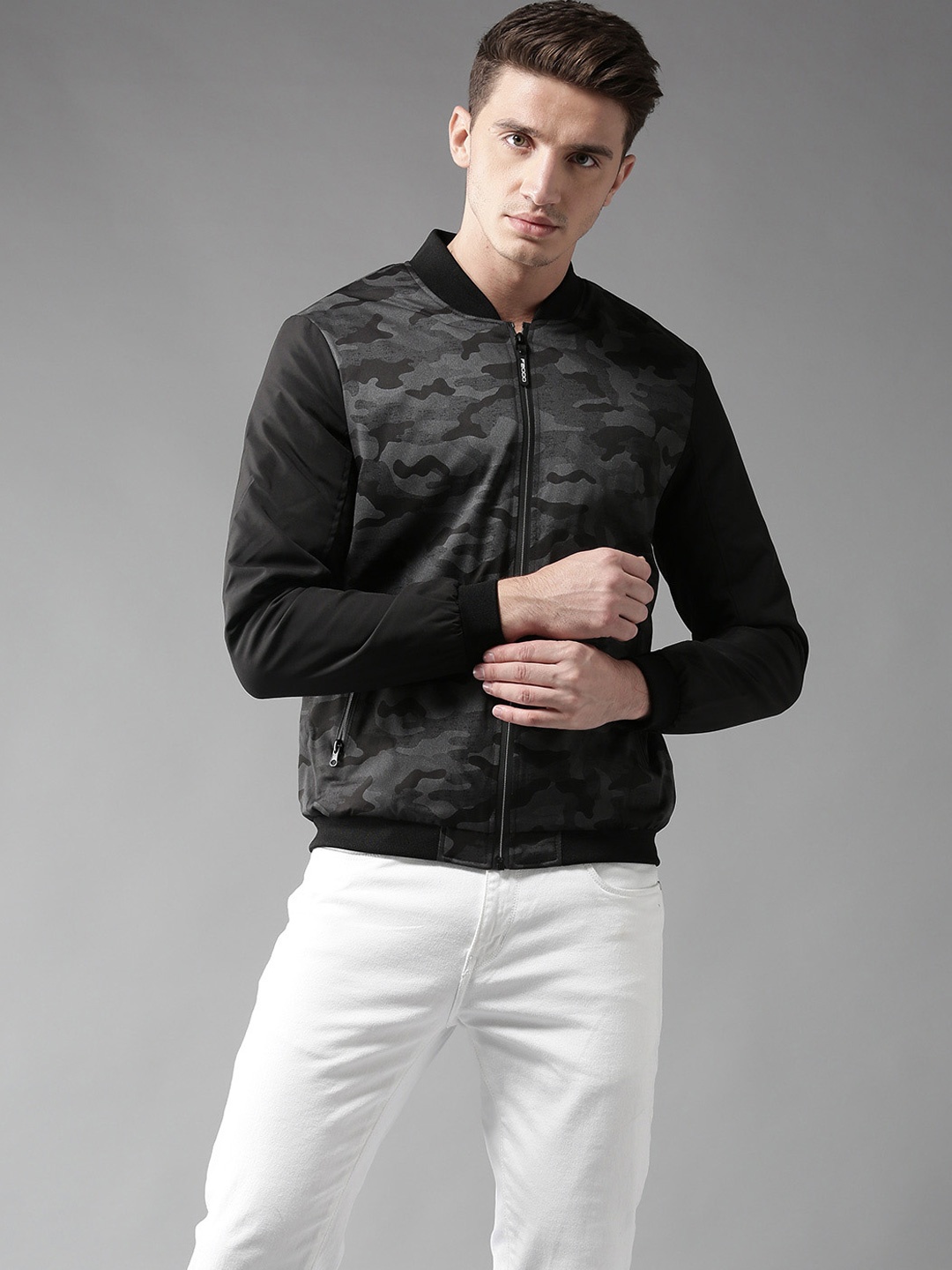 

Flying Machine Men Charcoal Grey Printed Bomber Jacket
