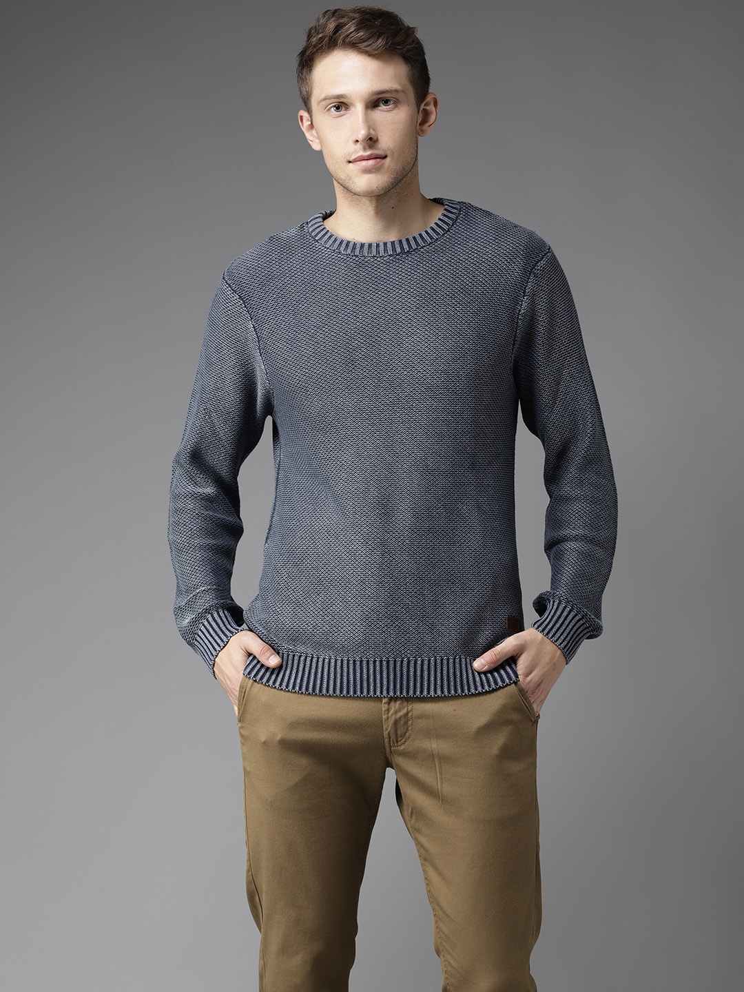 

Flying Machine Men Navy Self-Design Sweater, Navy blue