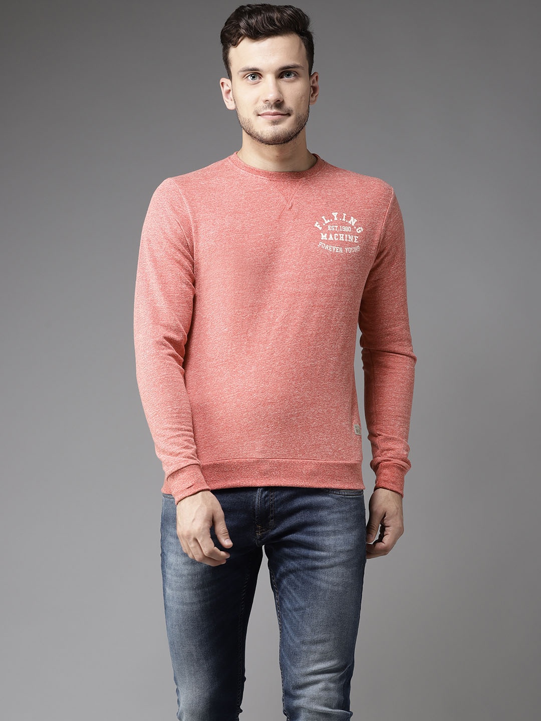 

Flying Machine Men Coral Red Solid Sweatshirt
