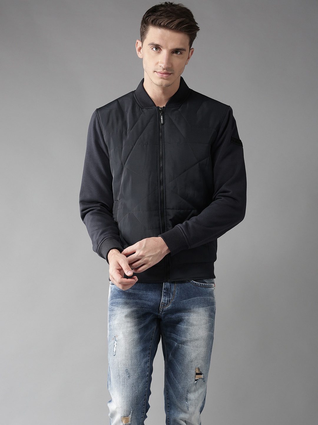 

Flying Machine Men Navy Blue Solid Bomber Jacket