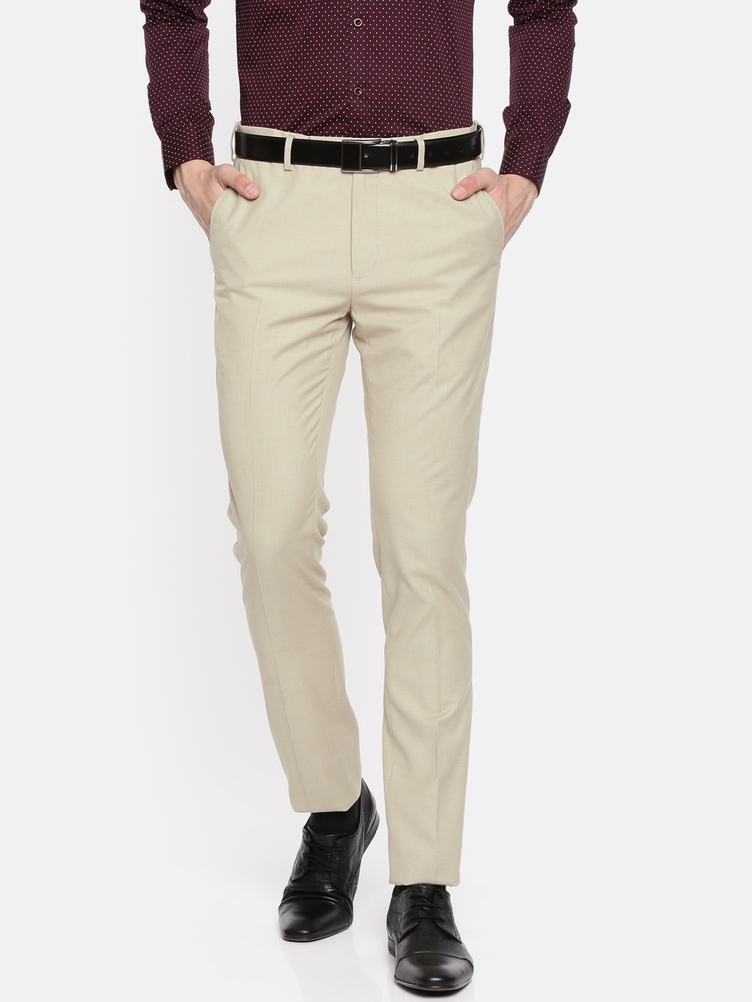 

U.S. Polo Assn. Tailored Men Beige Super Slim Fit Solid Formal Trousers