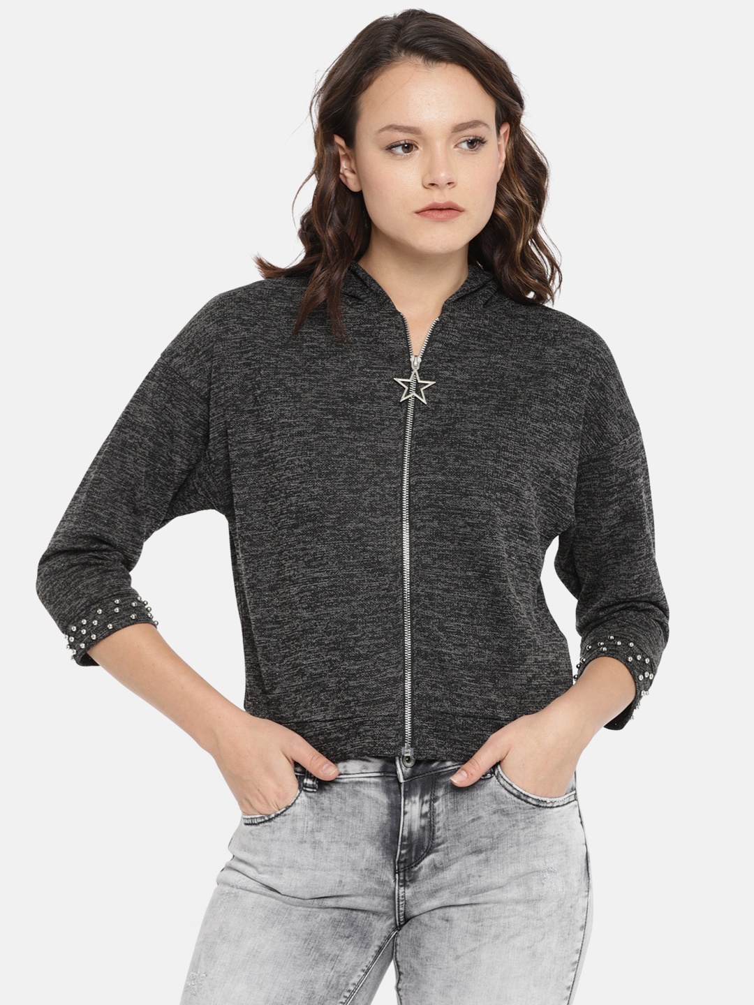 

Deal Jeans Women Black Self Design Hooded Sweatshirt