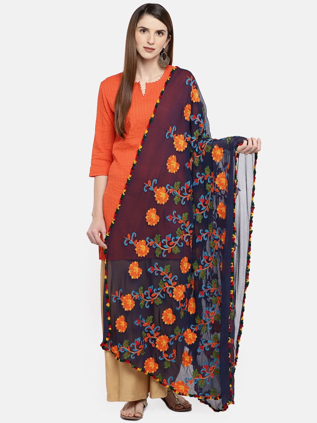 

Dupatta Bazaar Navy Blue & Orange Embroidered Dupatta