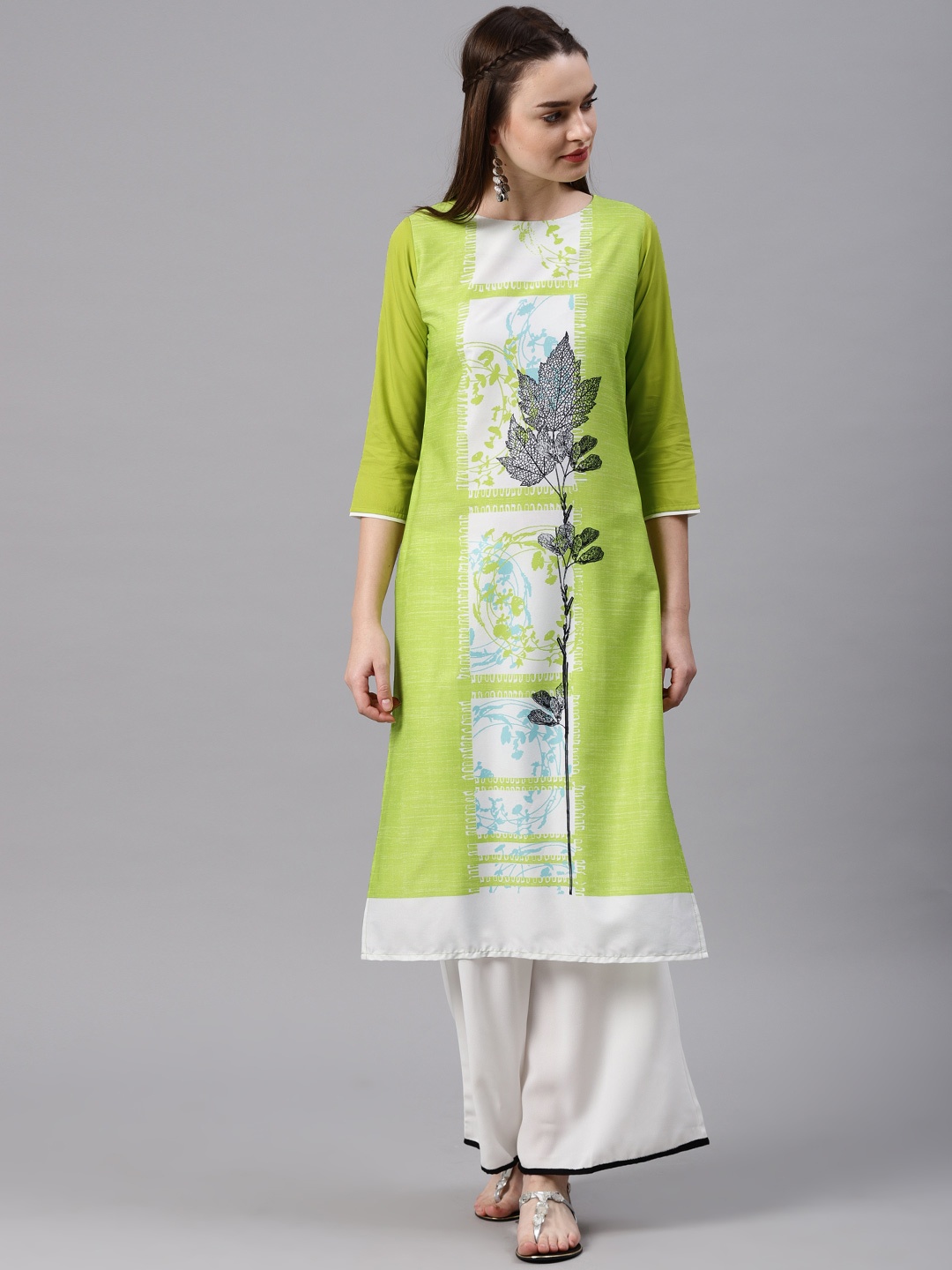 

AHIKA Women Green & Off-White Printed Straight Kurta