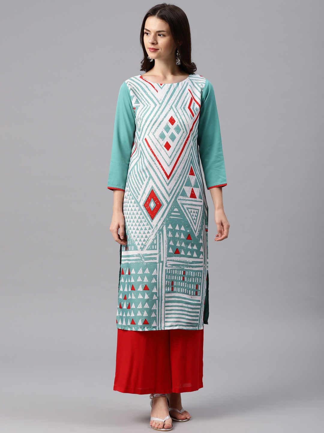

AHIKA Women Sea Green & Off-White Printed Straight Kurta