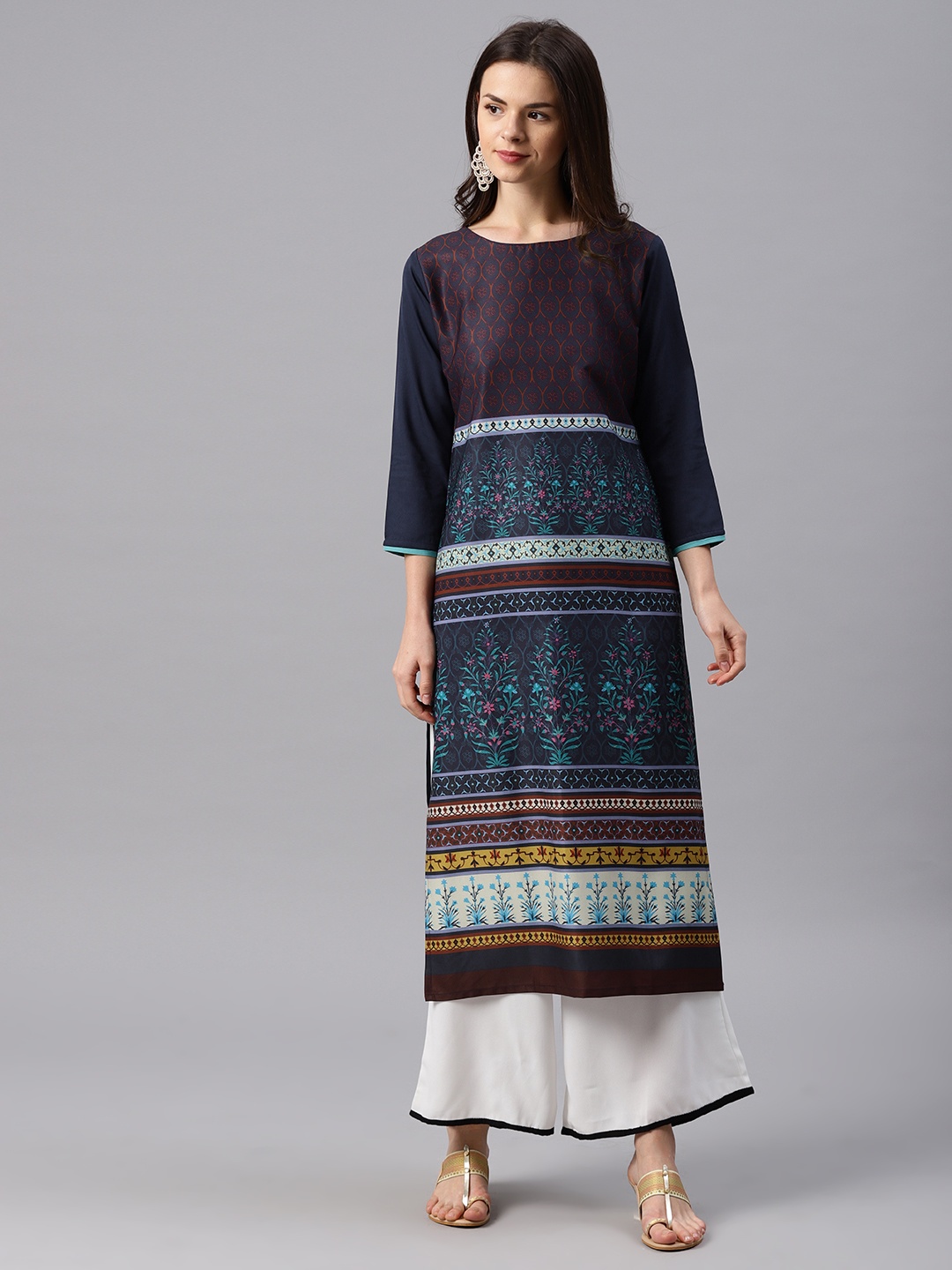 

AHIKA Women Navy Blue & Brown Printed Straight Kurta