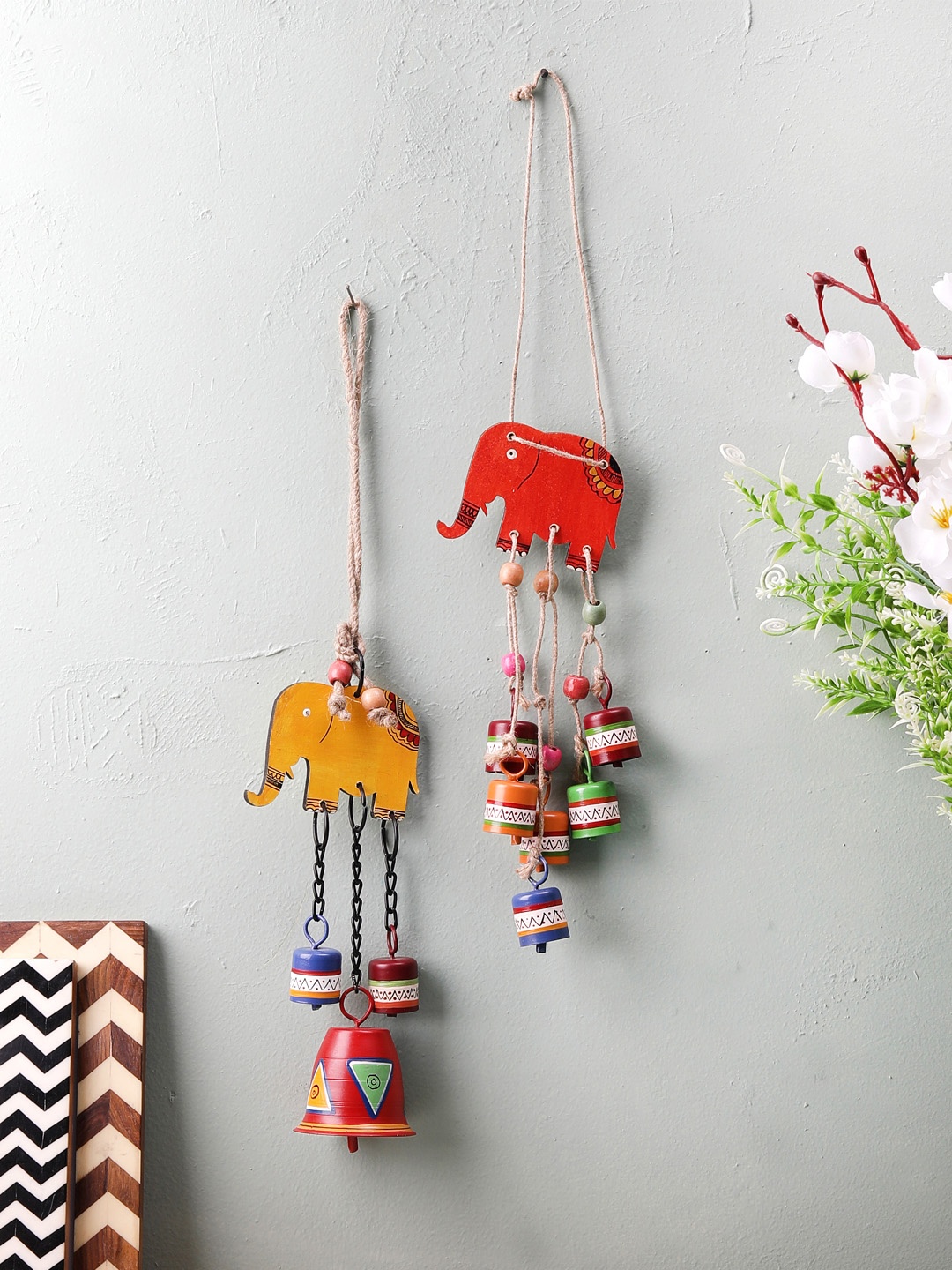 

VarEesha Set of 2 Multicoloured "Tinkle Bells" Elephant Wall Hanging Bell Windchimes, Multi