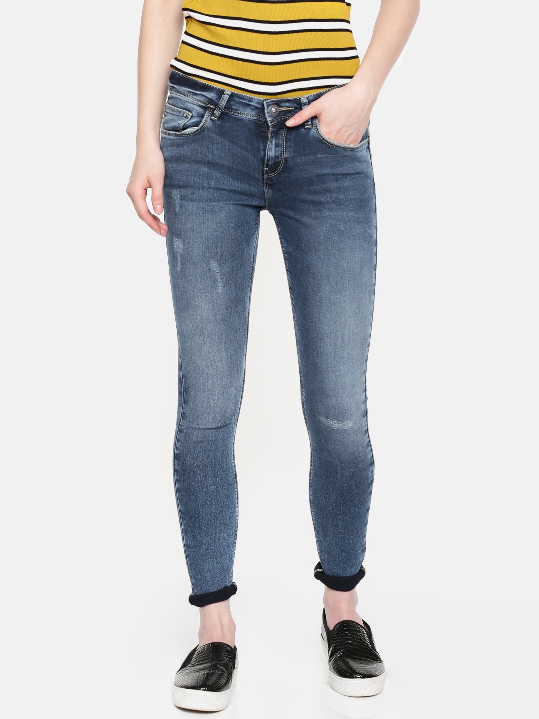 

Jealous 21 Women Blue Super Skinny Fit Mid-Rise Low Distress Stretchable Jeans