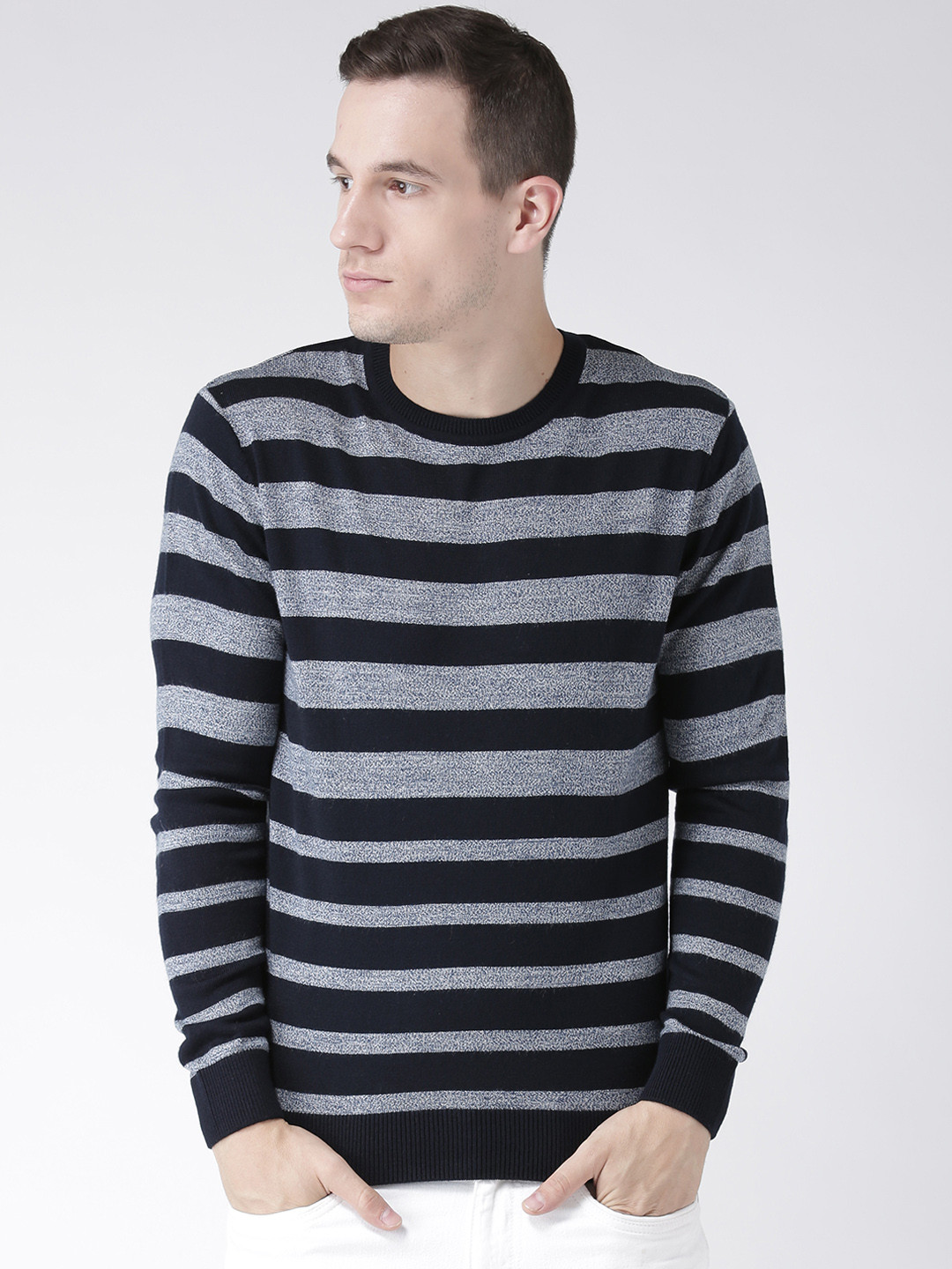 

Club York Men Navy Blue Striped Pullover