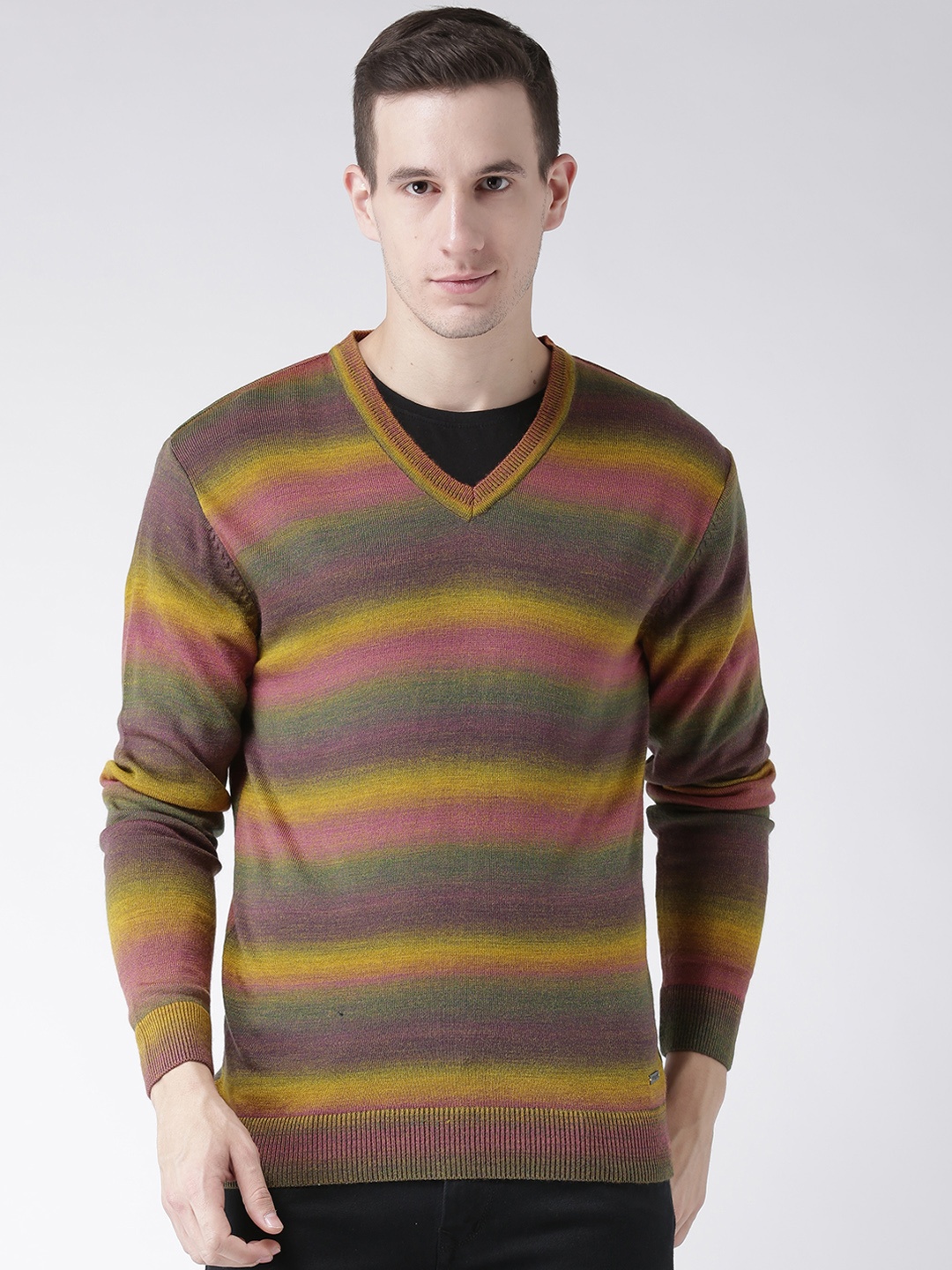 

Club York Men Mustard & Purple Striped Pullover