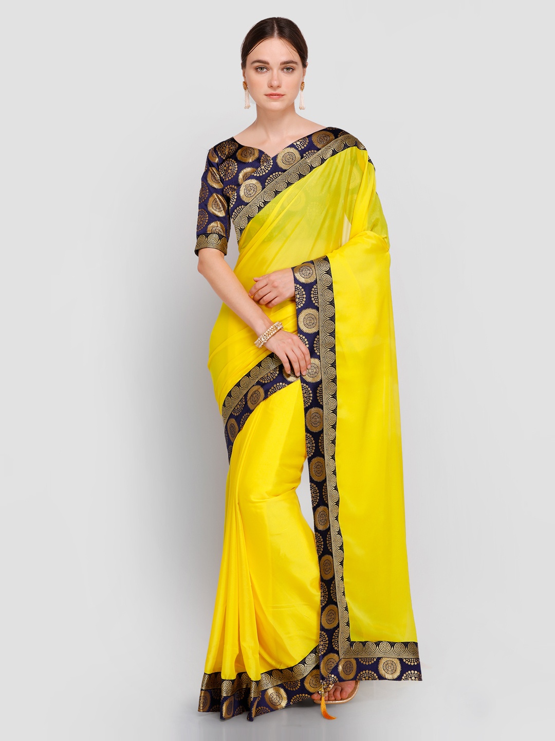 

Saree mall Yellow & Navy Blue Poly Georgette Solid Saree