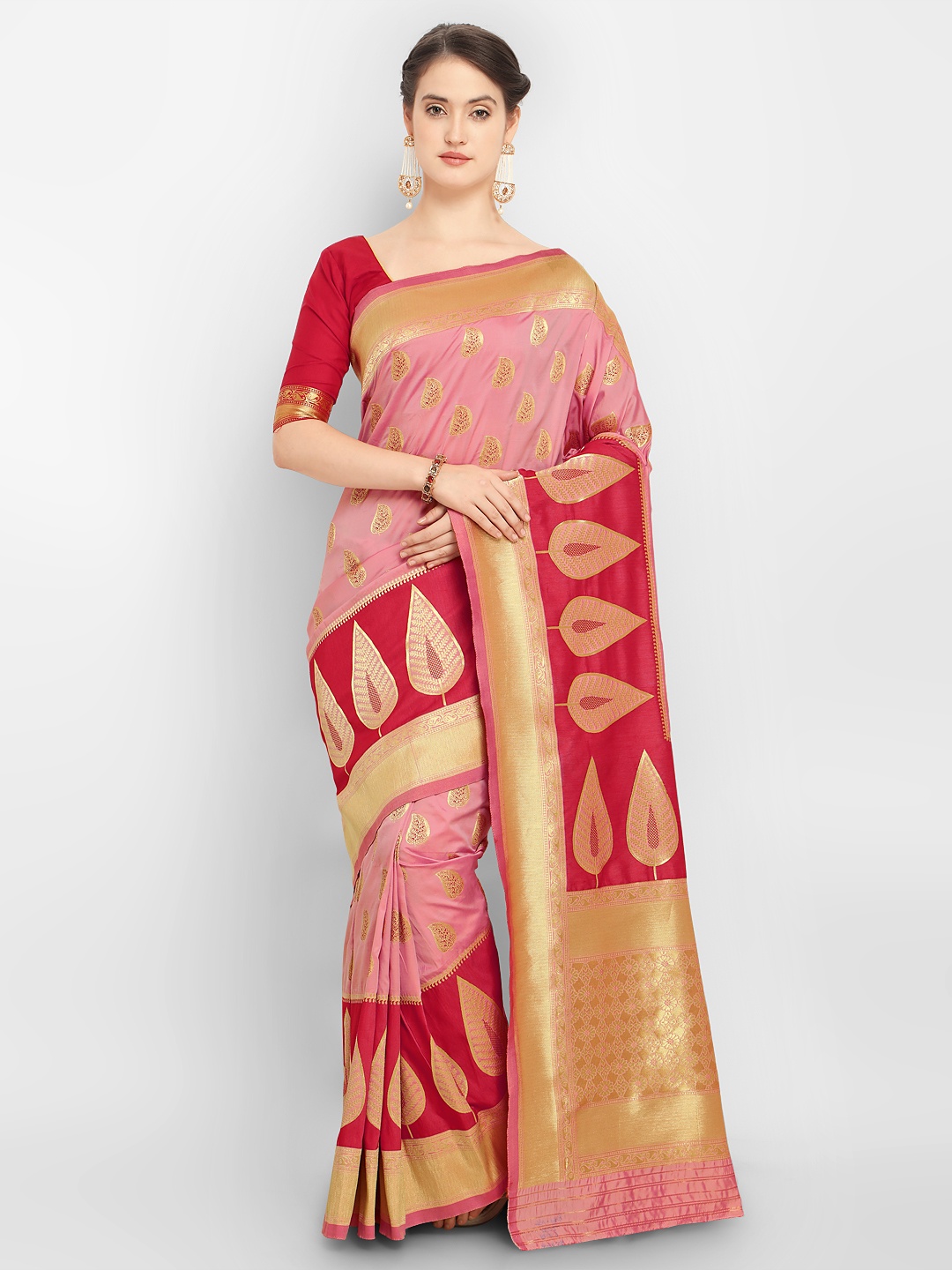 

Saree mall Peach-Coloured & Red Silk Blend Woven Design Kanjeevaram Saree