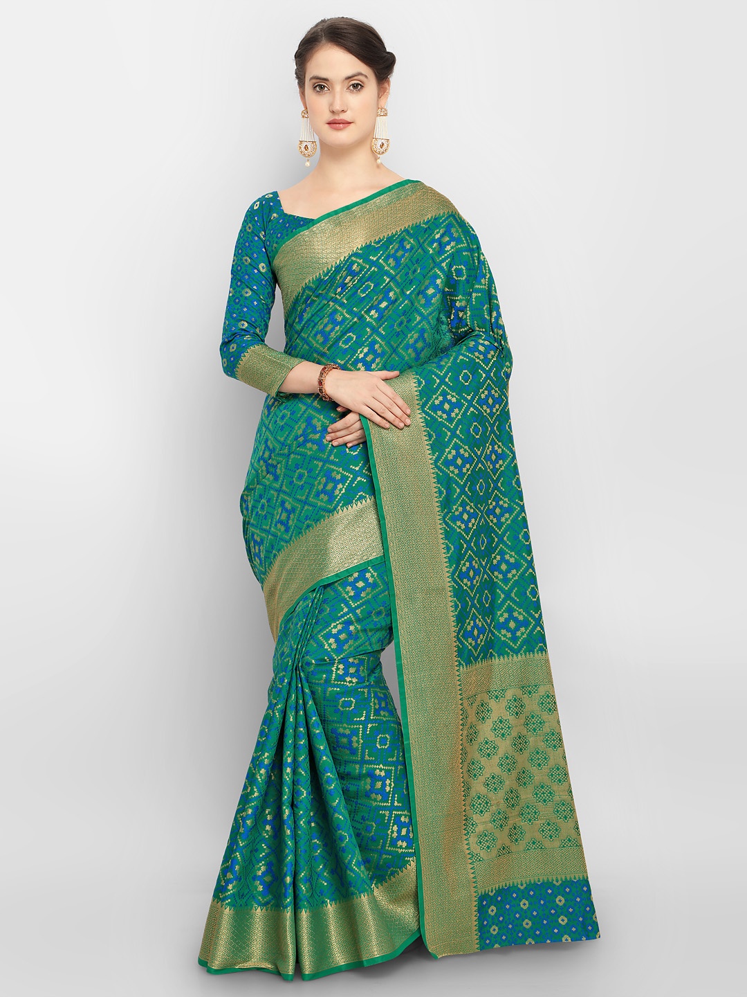 

Saree mall Teal Green Silk Blend Kanjeevaram Saree