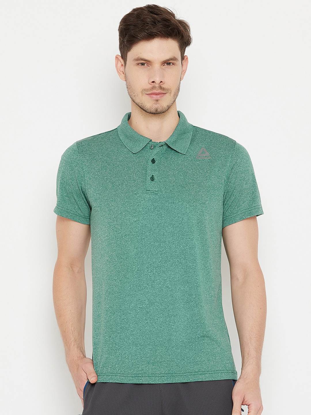 

Reebok Men Green Solid Slim Fit Training Polo T-shirt