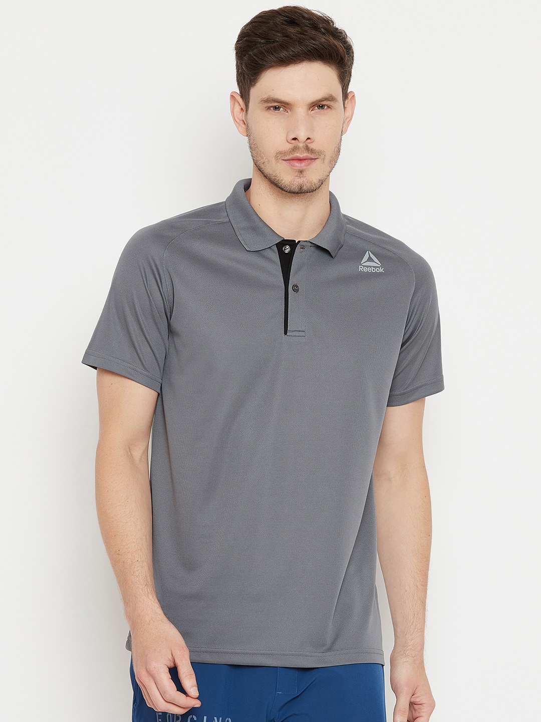 

Reebok Men Charcoal Grey RAG Self-Design Polo Collar T-shirt