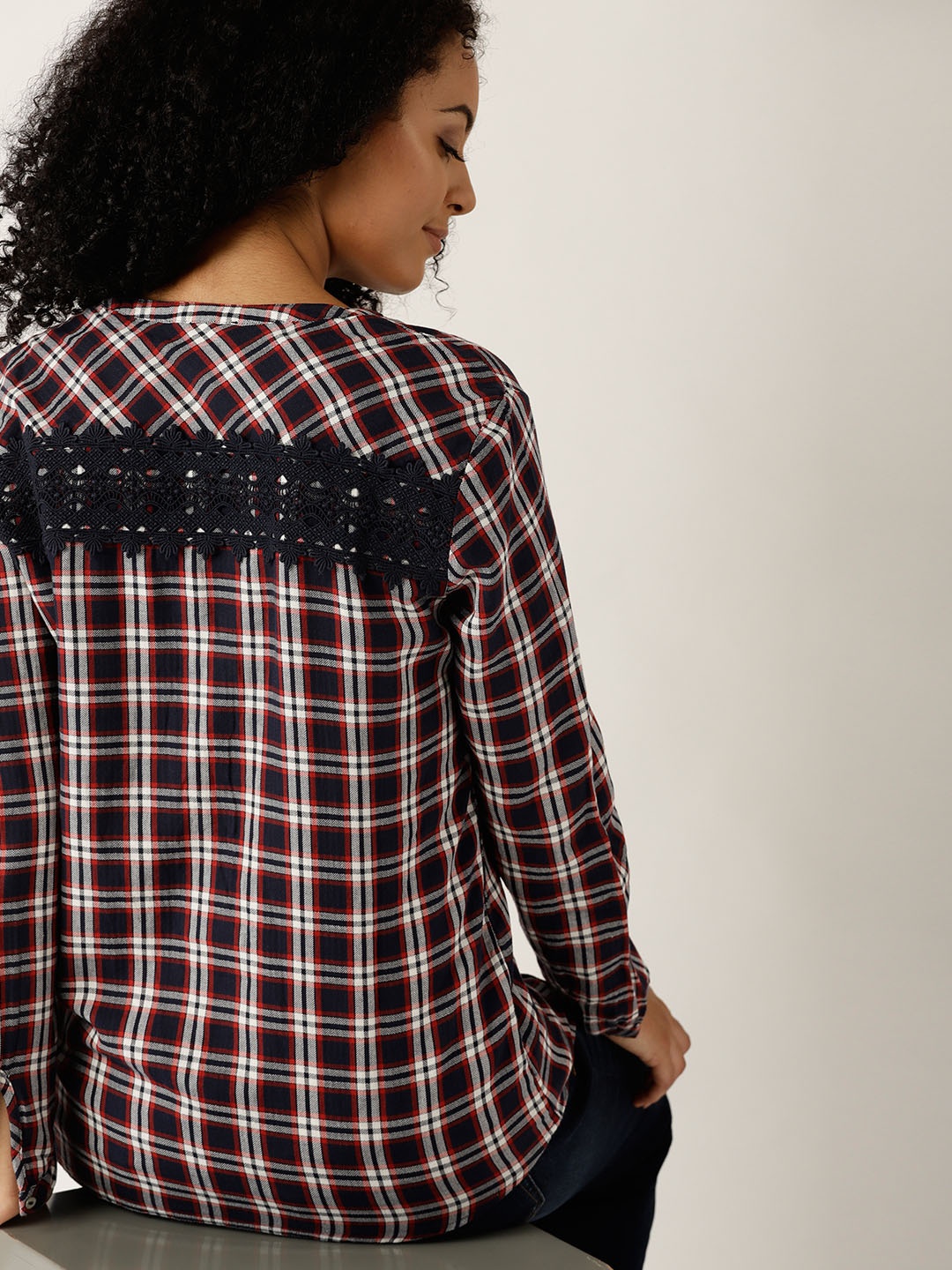 

ESPRIT Women Navy Blue & Red Checked Shirt Style Pure Cotton Top