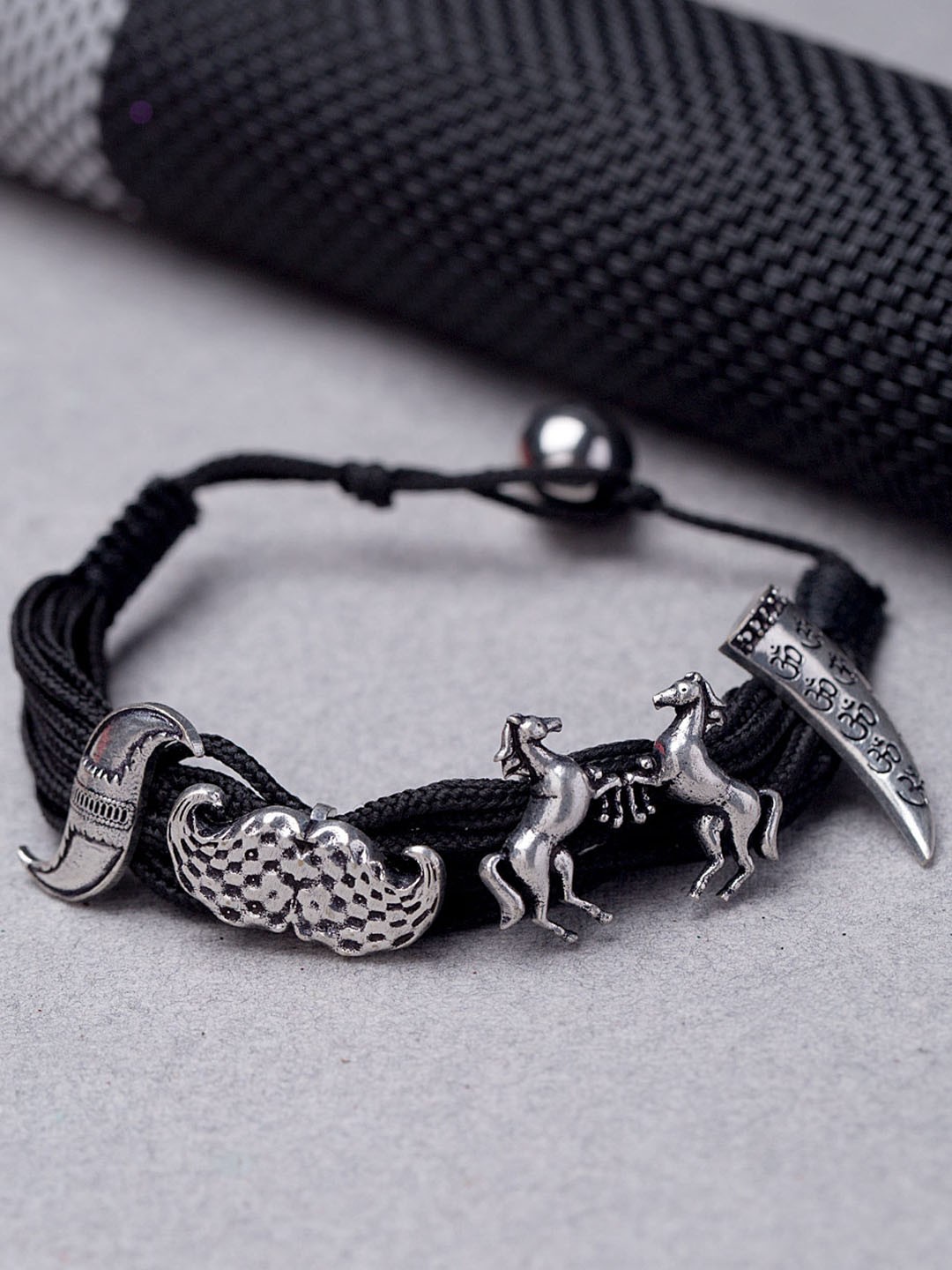 

Dare by Voylla Men Silver-Toned & Black Silver Rhodium-Plated Antique Charm Bracelet