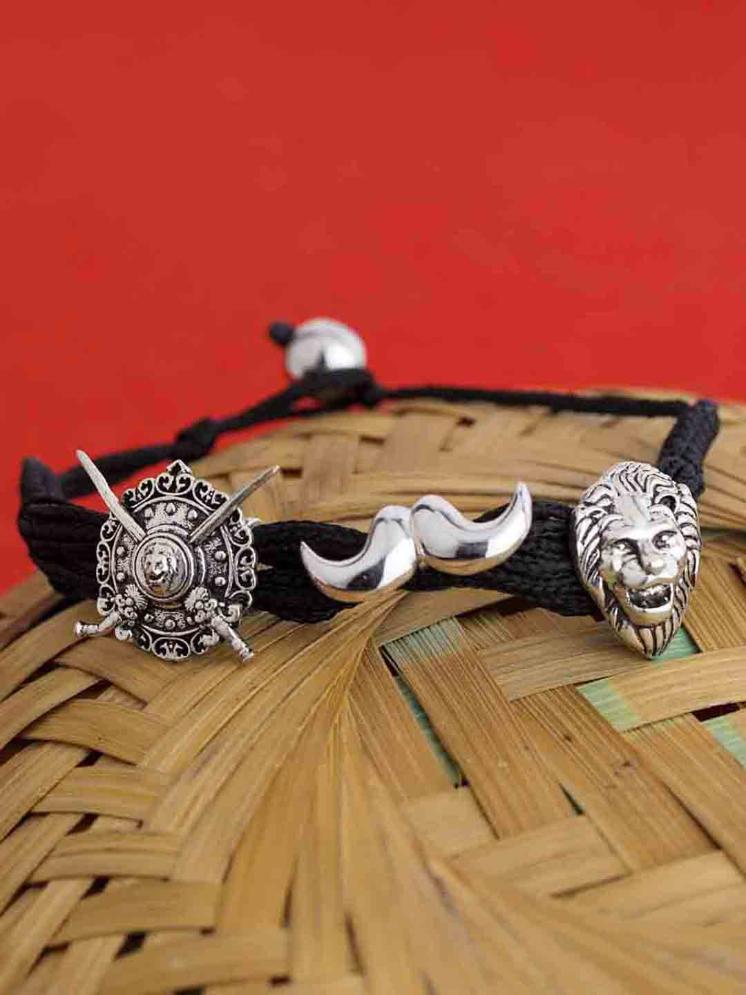 

Dare by Voylla Men Silver-Toned & Black Fabric Rhodium-Plated Antique Charm Bracelet