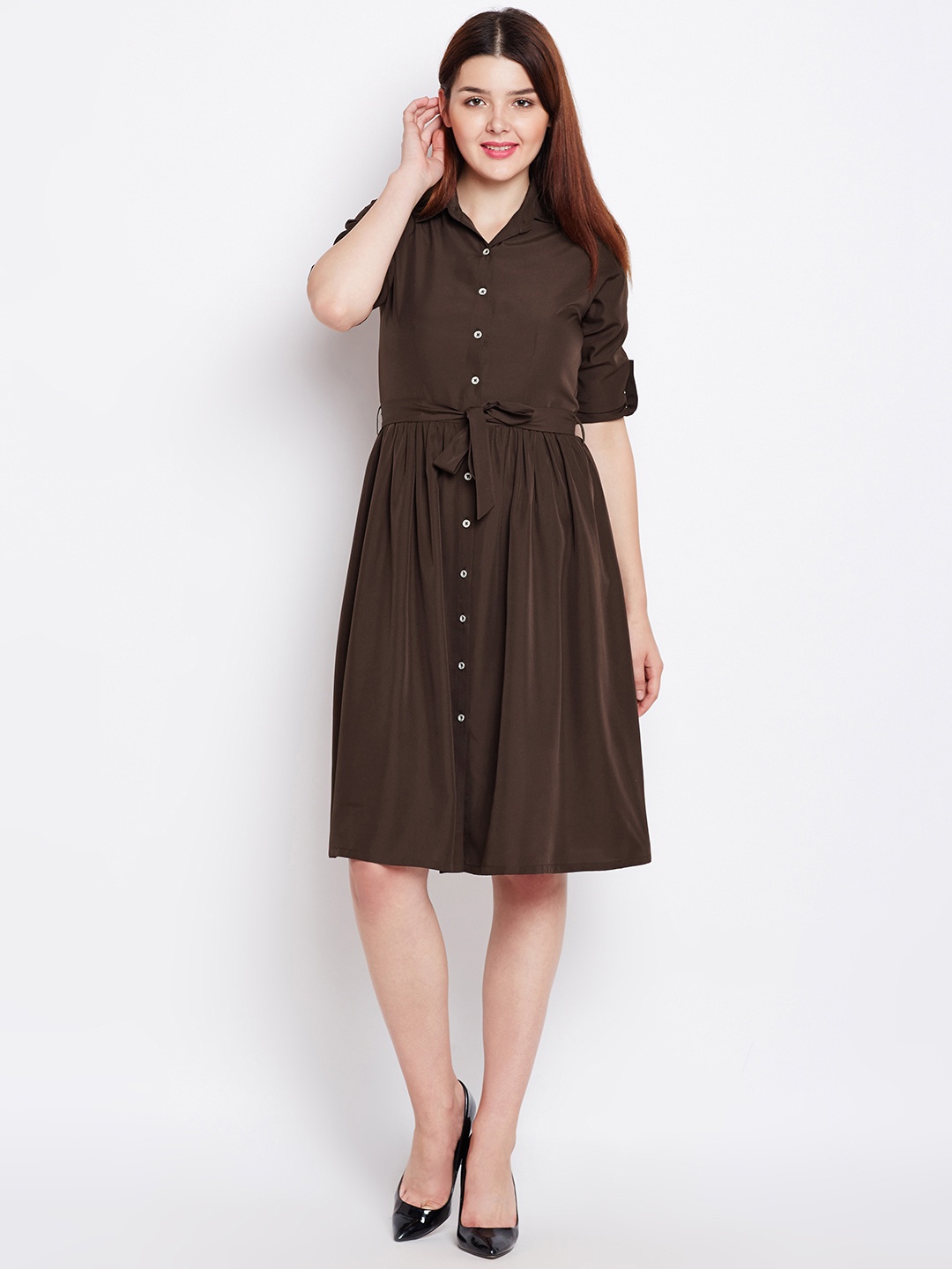 

WISSTLER Women Brown Solid Fit and Flare Dress