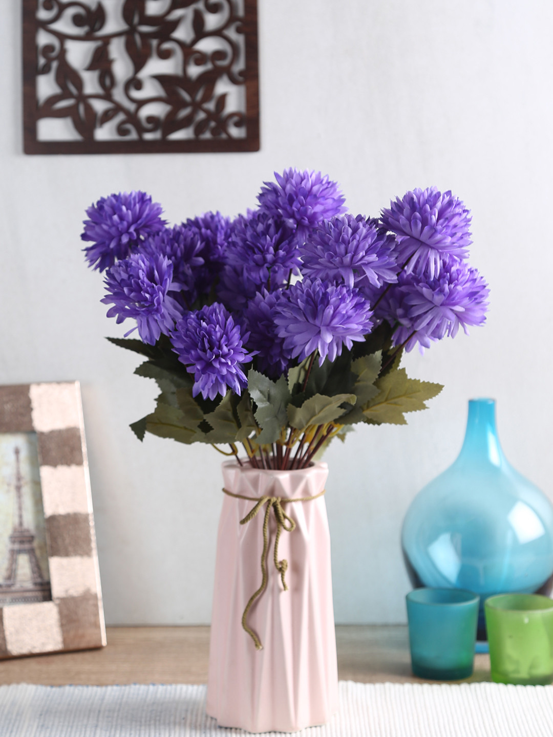 

Fourwalls Set of 4 Blue Artificial Chrysanthemum Flowers Bunches Without Pot