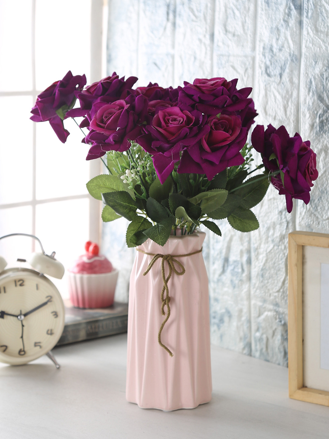 

Fourwalls Set of 2 Purple Large Blooming Artificial Velvet Rose Flower Bouquet Without Pot