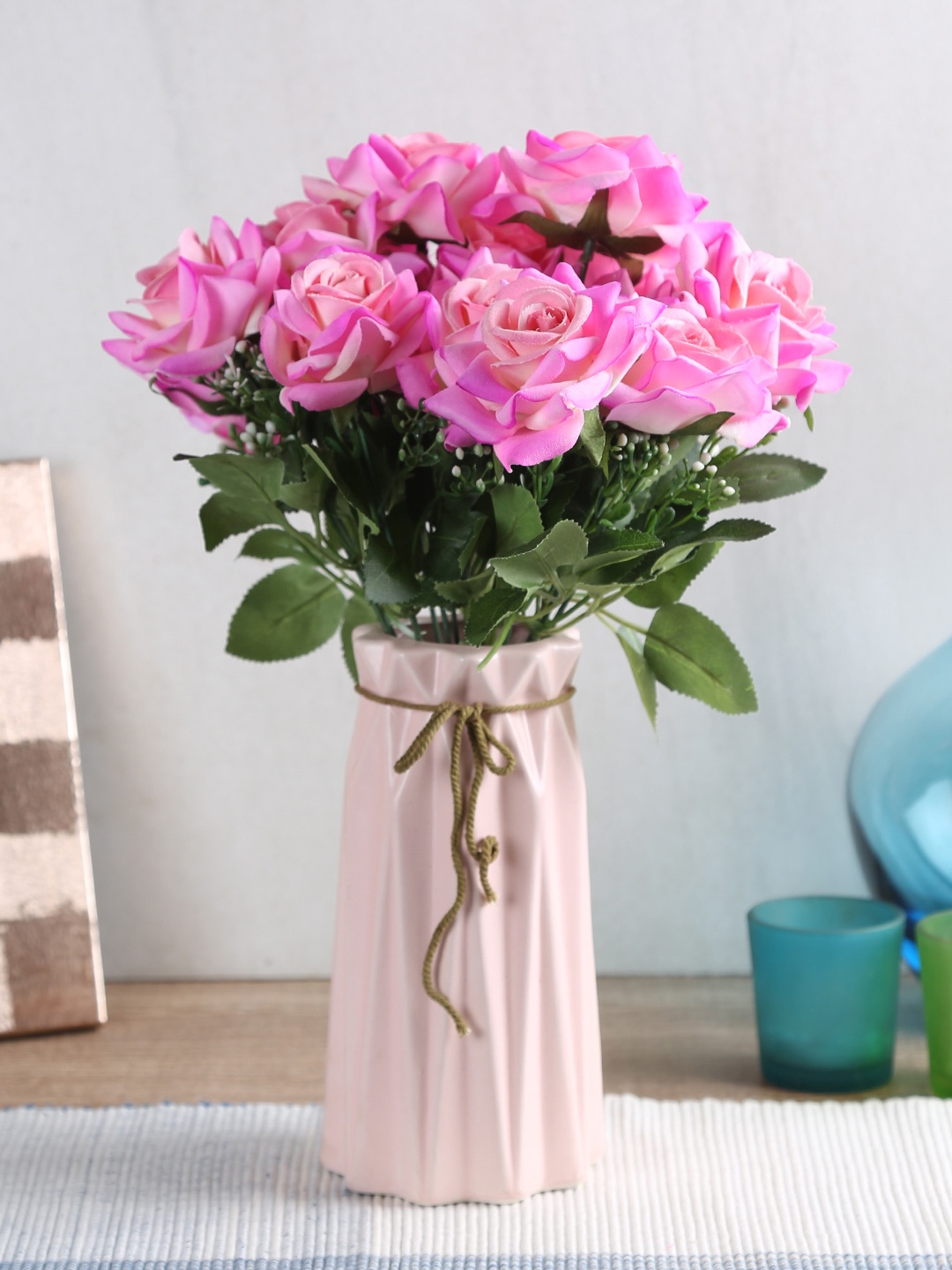 

Fourwalls Set of 2 Pink Large Blooming Artificial Velvet Rose Flower Bouquet Without Pot